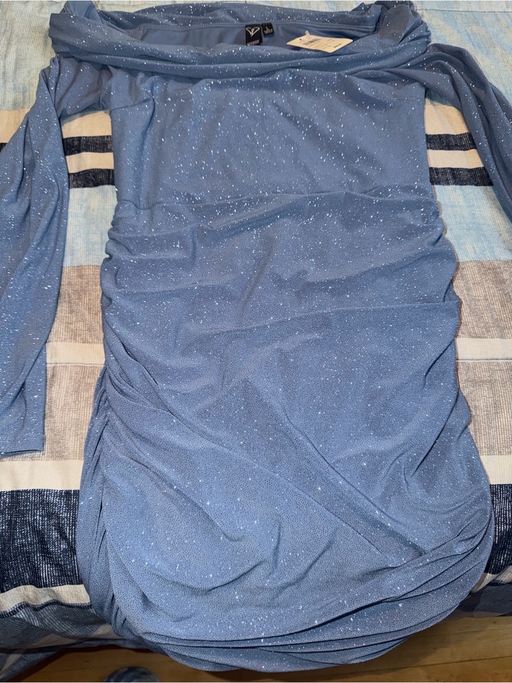 Windsor Glitter Off-Shoulder Long Sleeve Ruched Midi Dress in Light Blue